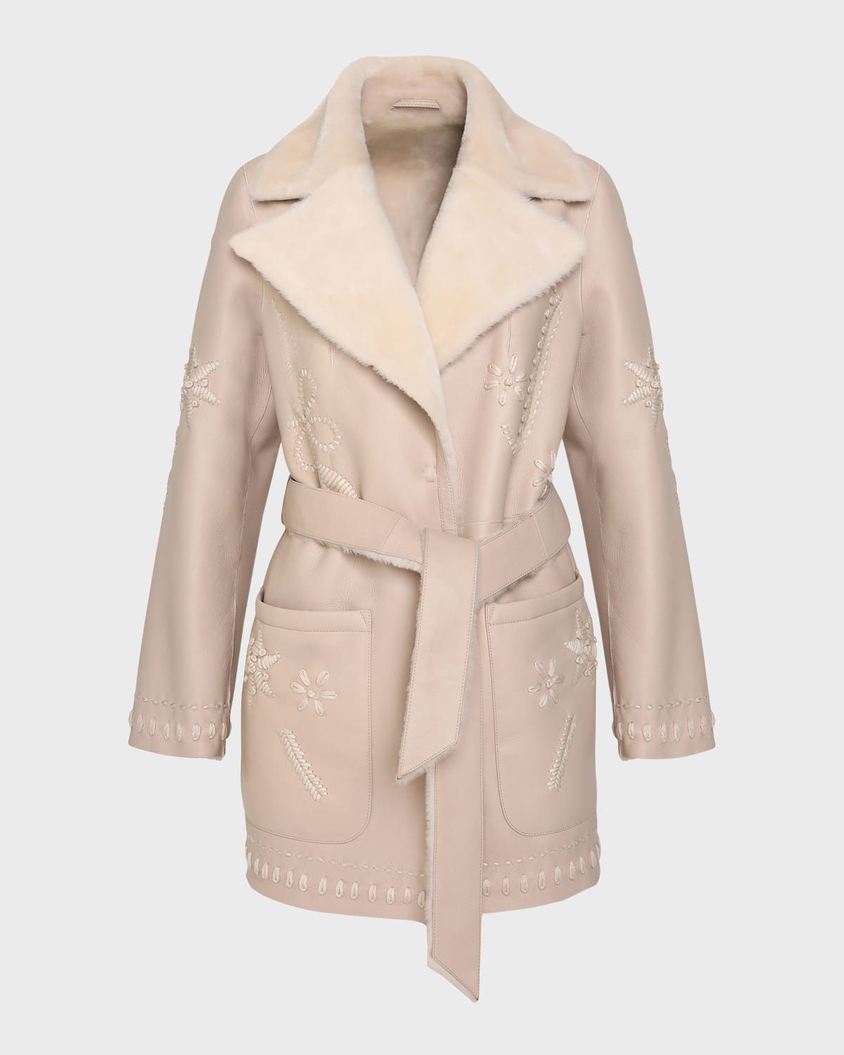 Embroidered Lamb Shearling Wrap Jacket