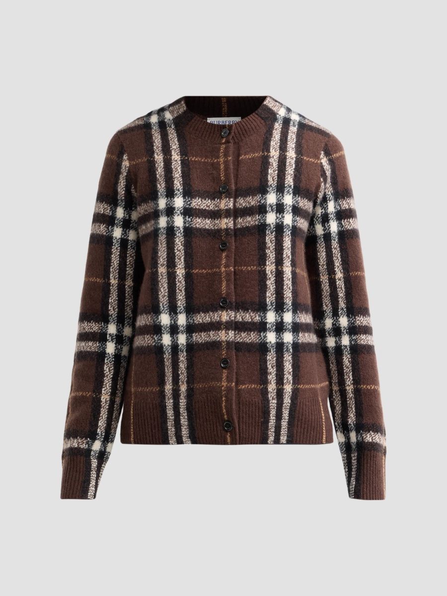 Burberry Women's Clara Cashmere-Wool Check Cardigan - Treacle Brown - Size XXS