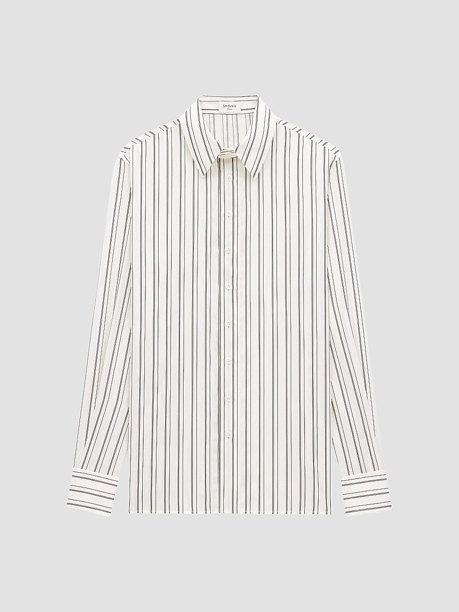 Saint Laurent Men's Shirt in Striped Silk - Craie Et Noir - Size 15.75
