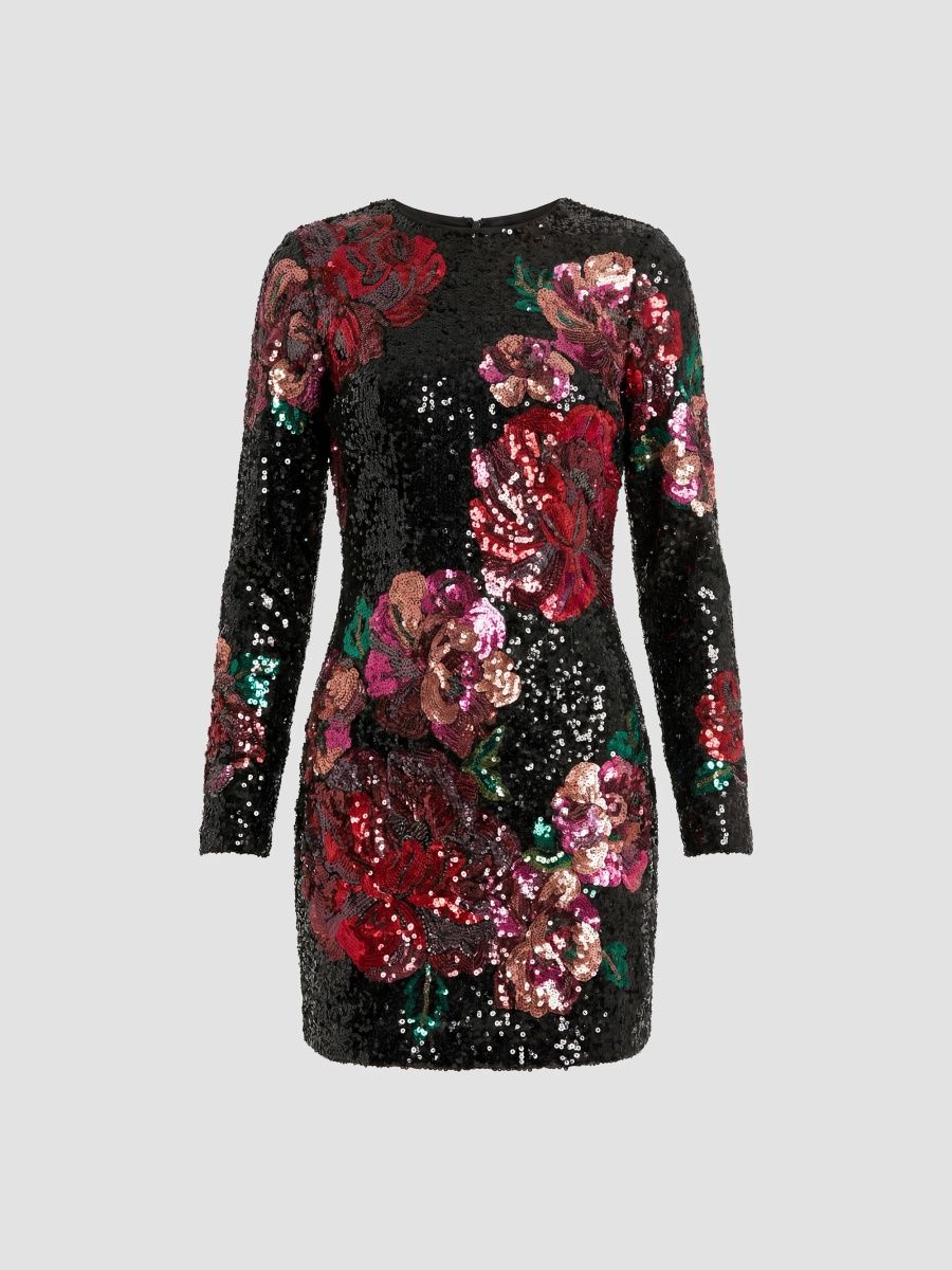 Mac Duggal Women's Sequin Floral Long-Sleeve Fitted Mini Dress - Black Multi - Size 14
