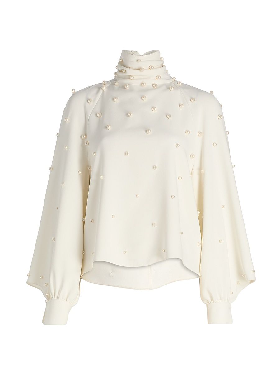 Women's Imitation Pearl-Embellished Silk-Blend Georgette Blouse - Ivory - Size 12