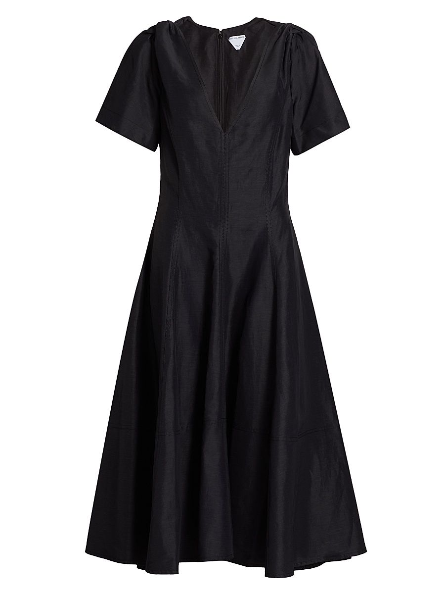 Women's Flutter-Sleeve Linen-Blend Midi-Dress - Black - Size 8