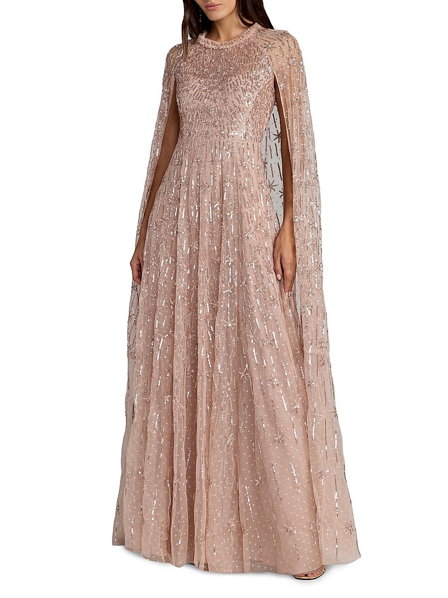 Women's Sequined Cape-Sleeve Gown - Rose - Size 18