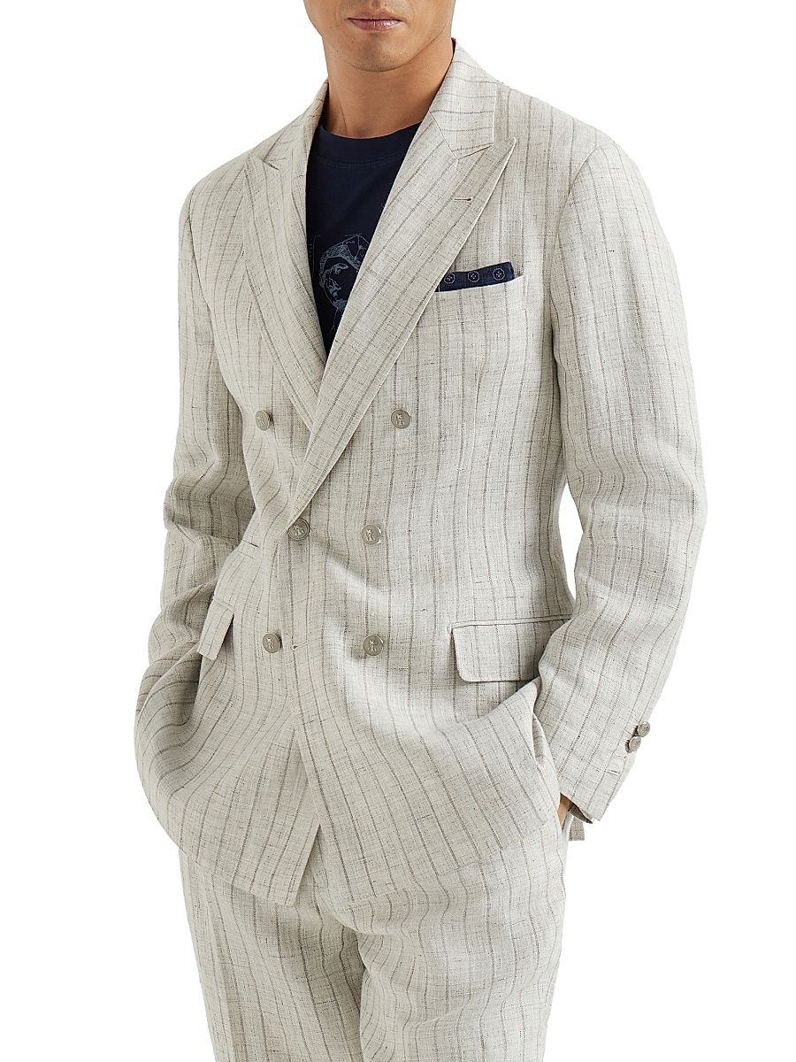 Men's Chalk Stripe Linen Twill One and a Half Breasted Deconstructed Blazer - Light Grey - Size 48