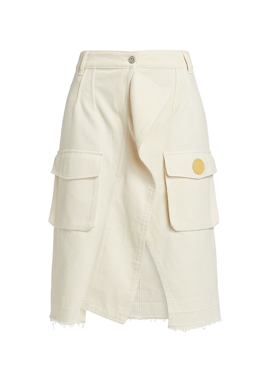 Women's Ruffled Cargo Denim Midi-Skirt - Ivory - Size 28