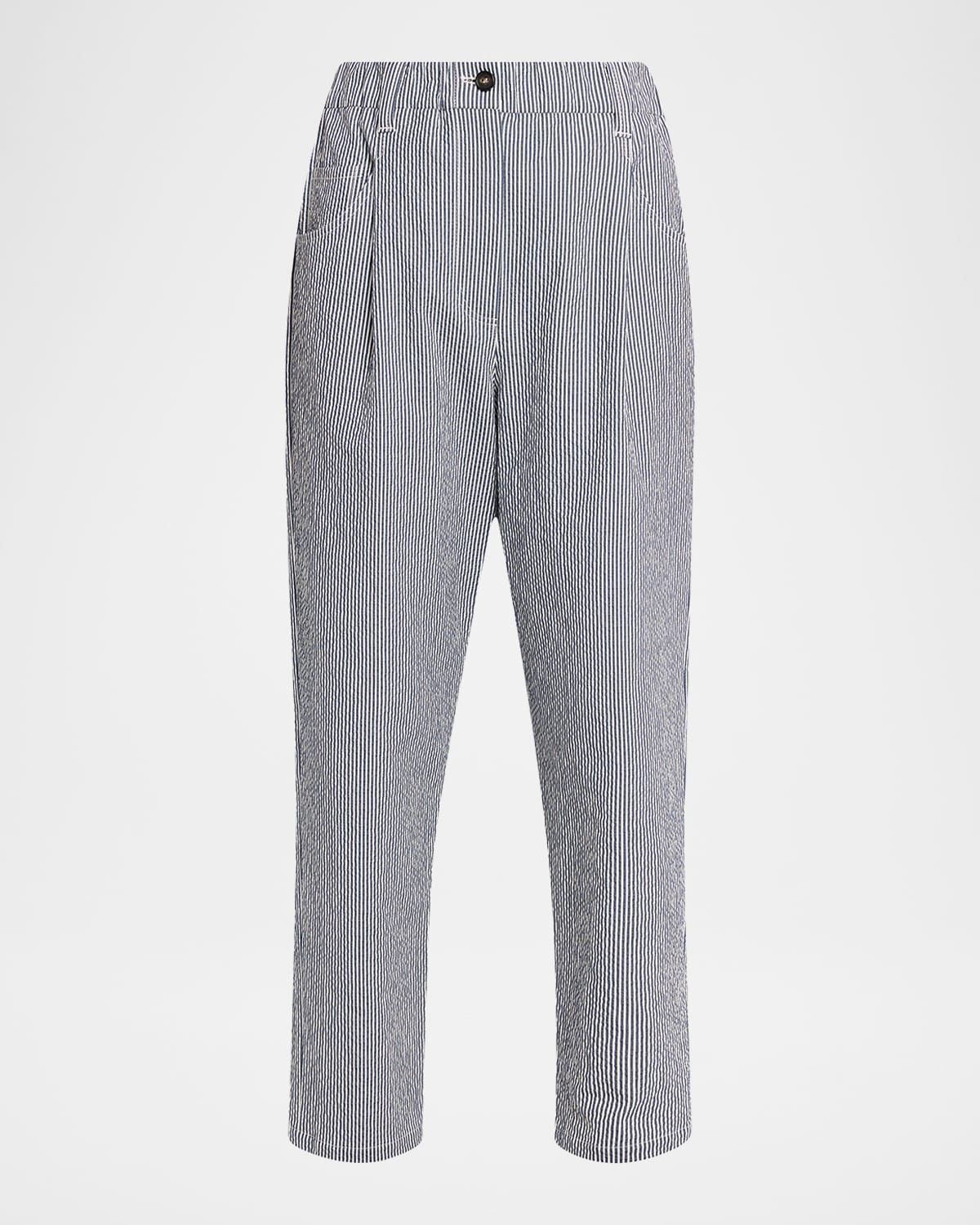 Cotton Seersucker Straight-Leg Ankle Pants