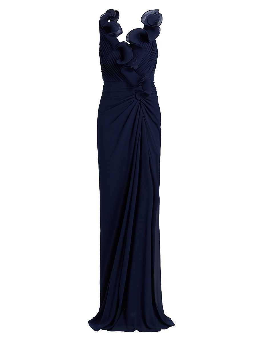 Women's Gathered Ruffle Column Gown - Navy - Size 16