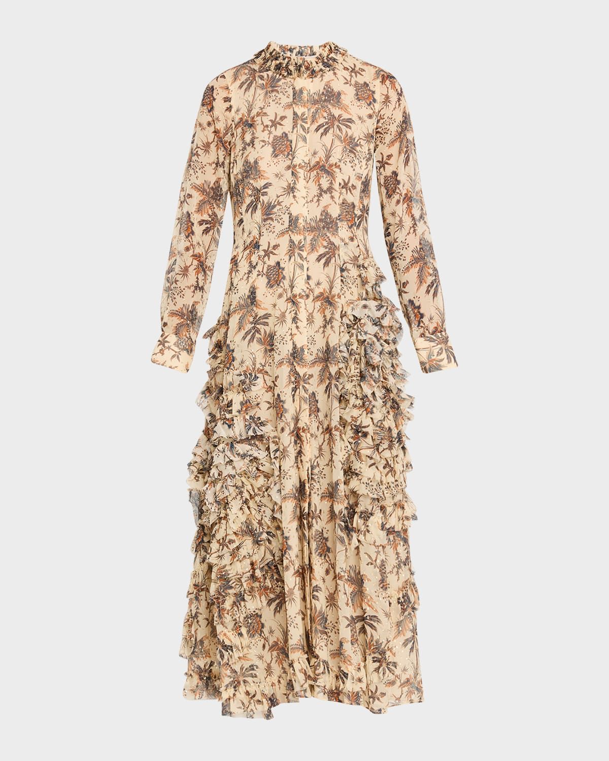 Rhea Botanical Metallic Chiffon Shirtdress with Ruffle Skirt