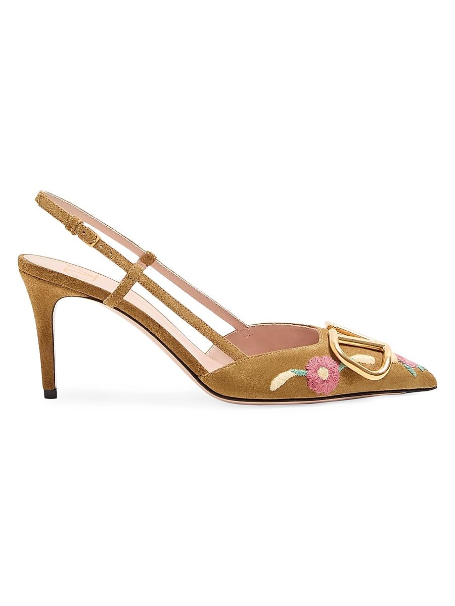 Women's VLogo Signature 80MM Slingback Pumps in Crust Leather - Havana Beige - Size 11