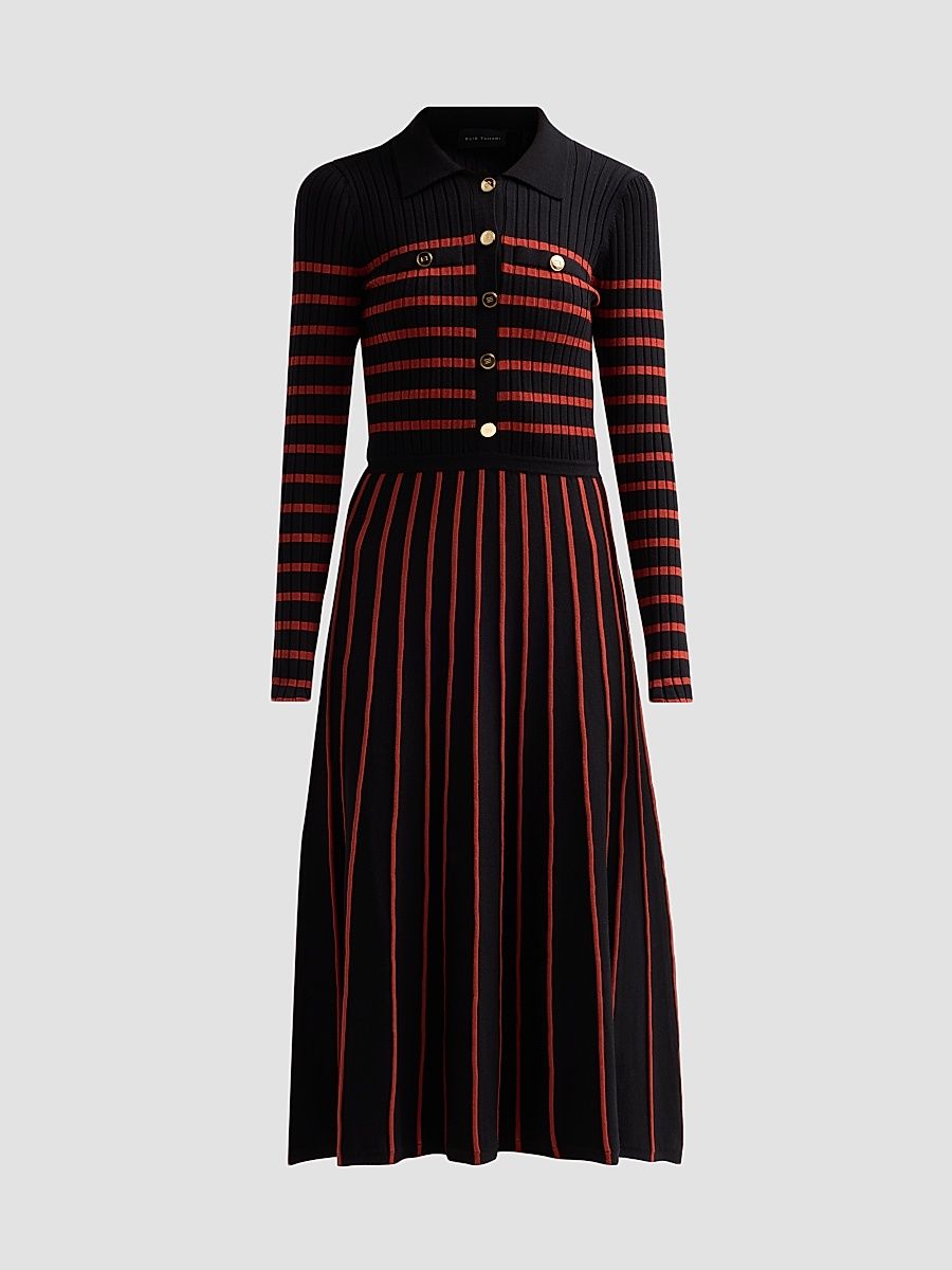 Women's Elodie Striped Rib-Knit Midi Shirtdress - Noir And Toasted Saffron - Size XL