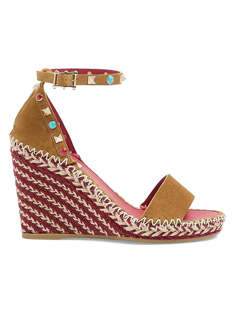 Women's Rockstud 105MM Double Wedge Sandals in Split Leather with Cabochon Stones - Havana Beige - Size 4