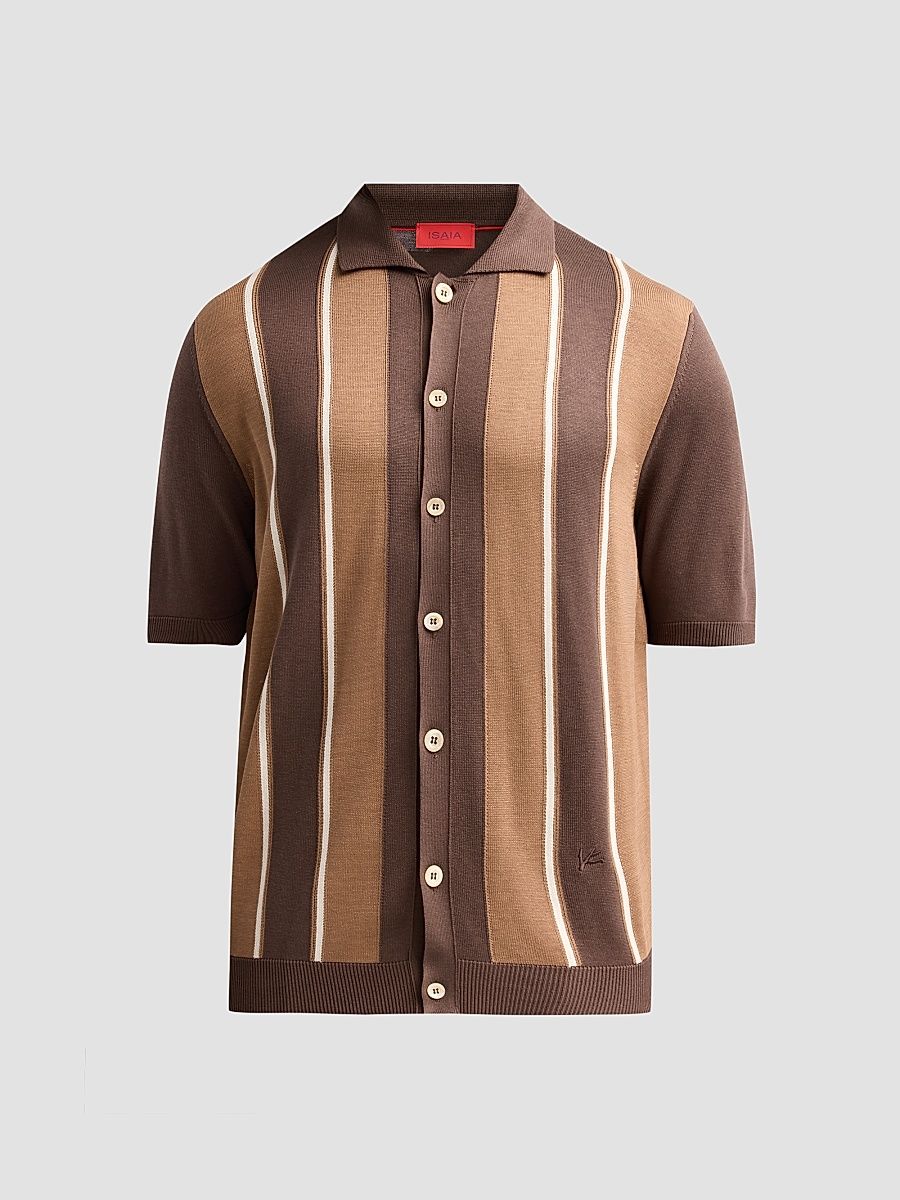 Men's Retro Striped Full-Button Polo Shirt - Dark Brown - Size XXL
