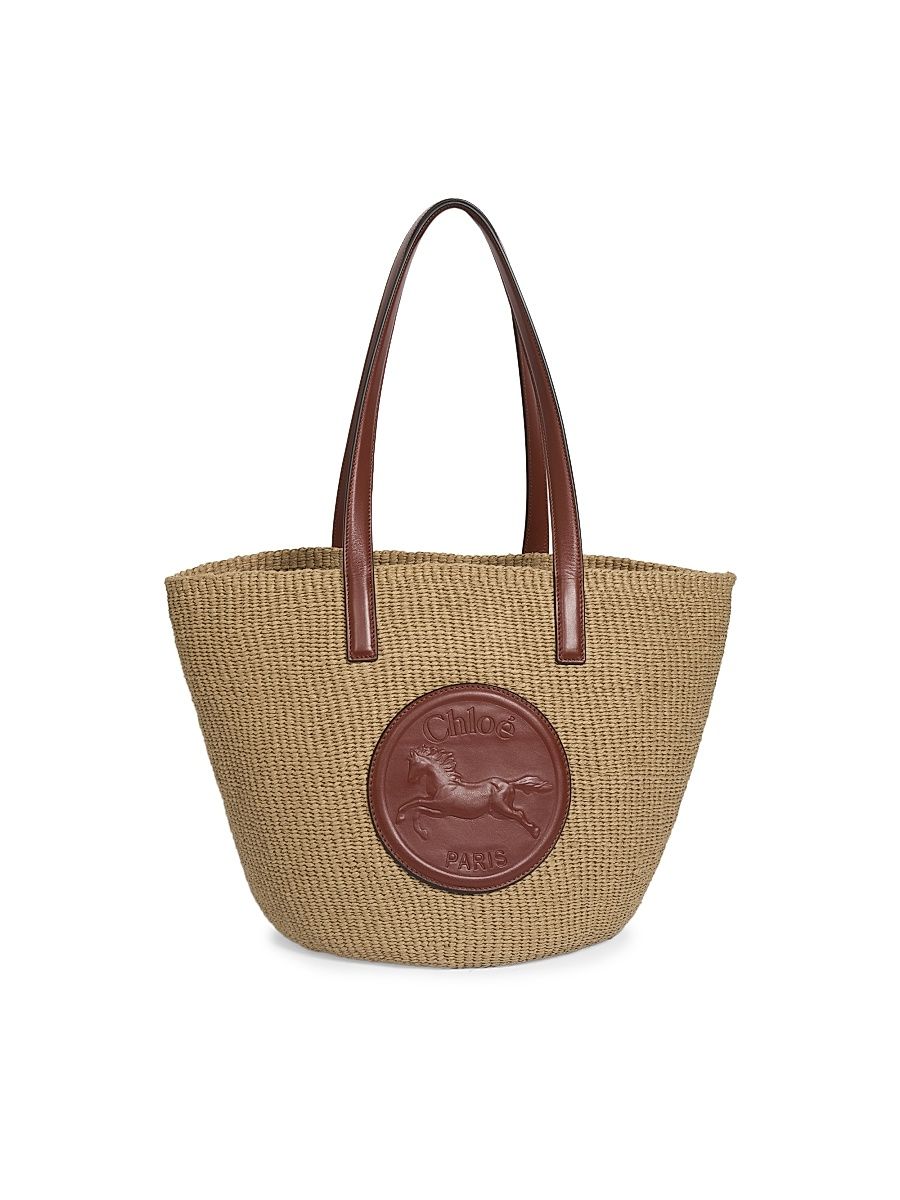 Women's Horse Medal Raffia & Leather Basket Tote Bag - Sepia Brown