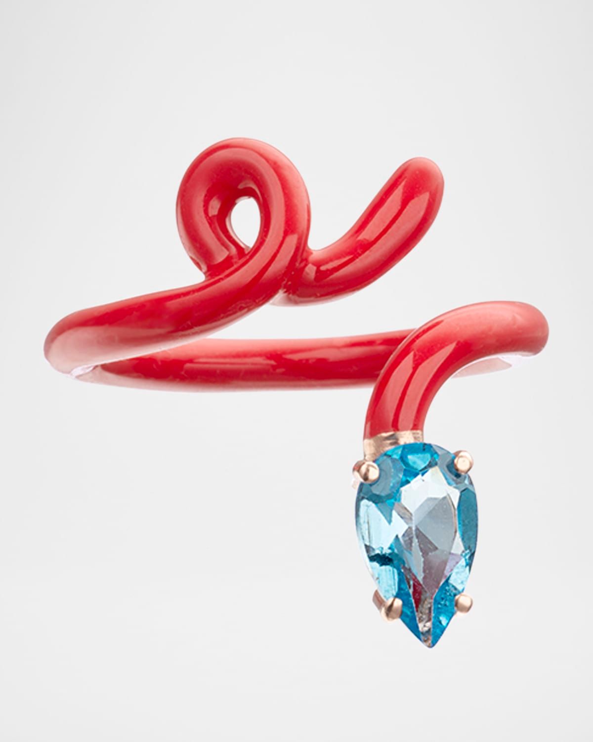 9K Yellow Gold and Red Enameled Sterling Silver Topaz Baby Vine Tendril Statement Ring