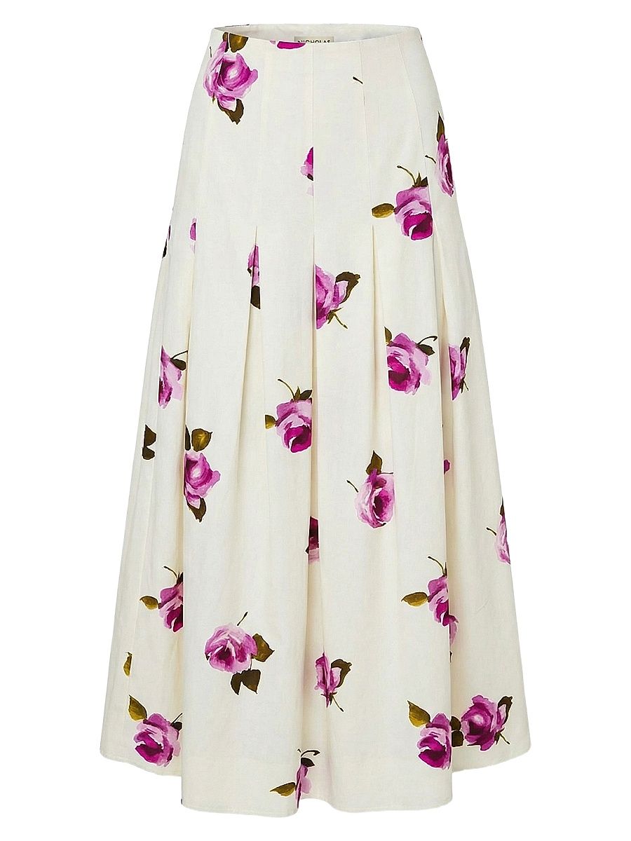 Women's Jordana Pleated Floral Linen-Blend Midi-Skirt - Floating Rosebuds - Size 12