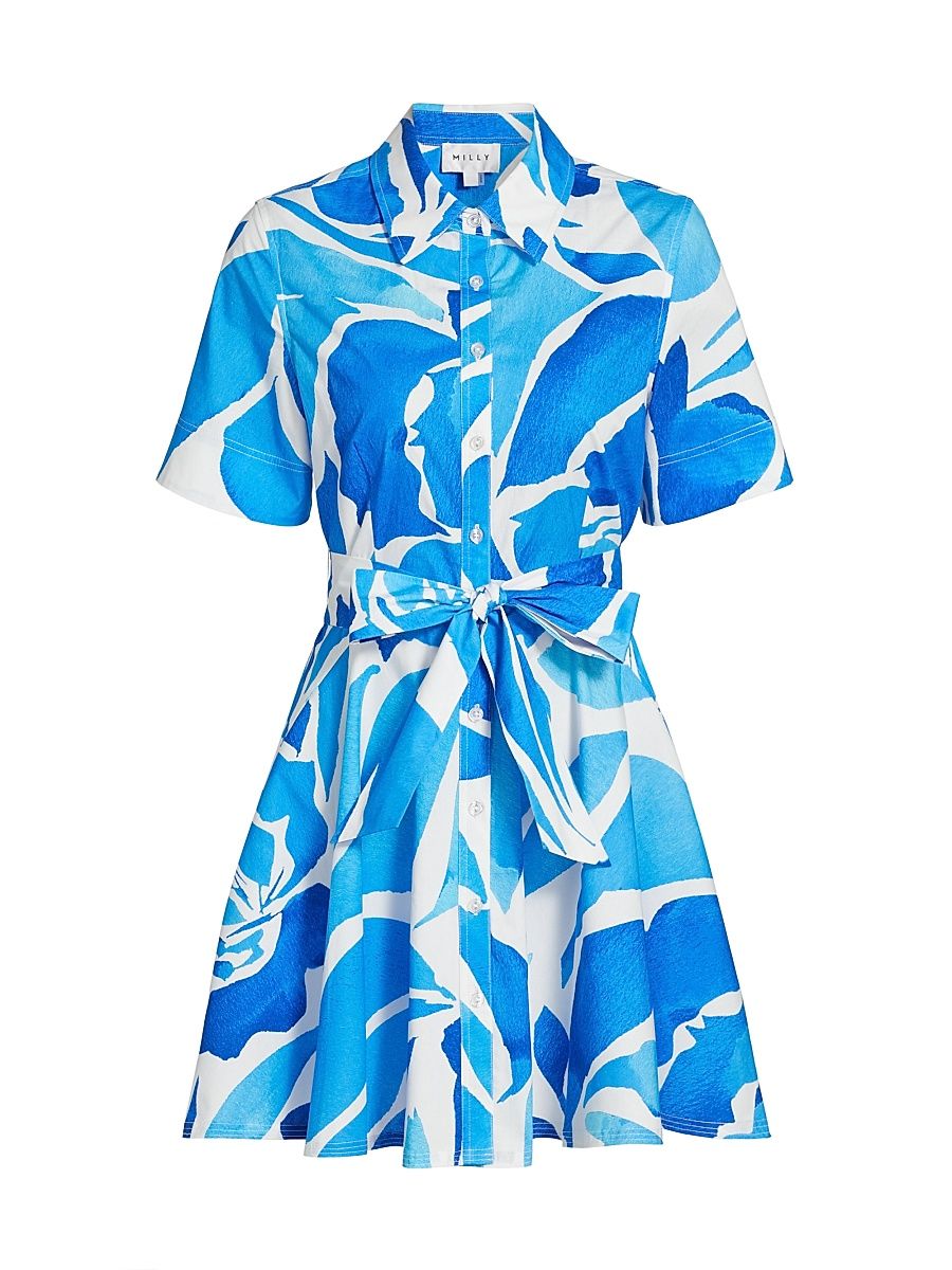 Women's Dream Rose Cotton Poplin Mini-Shirtdress - Teal Blue Multi - Size 0