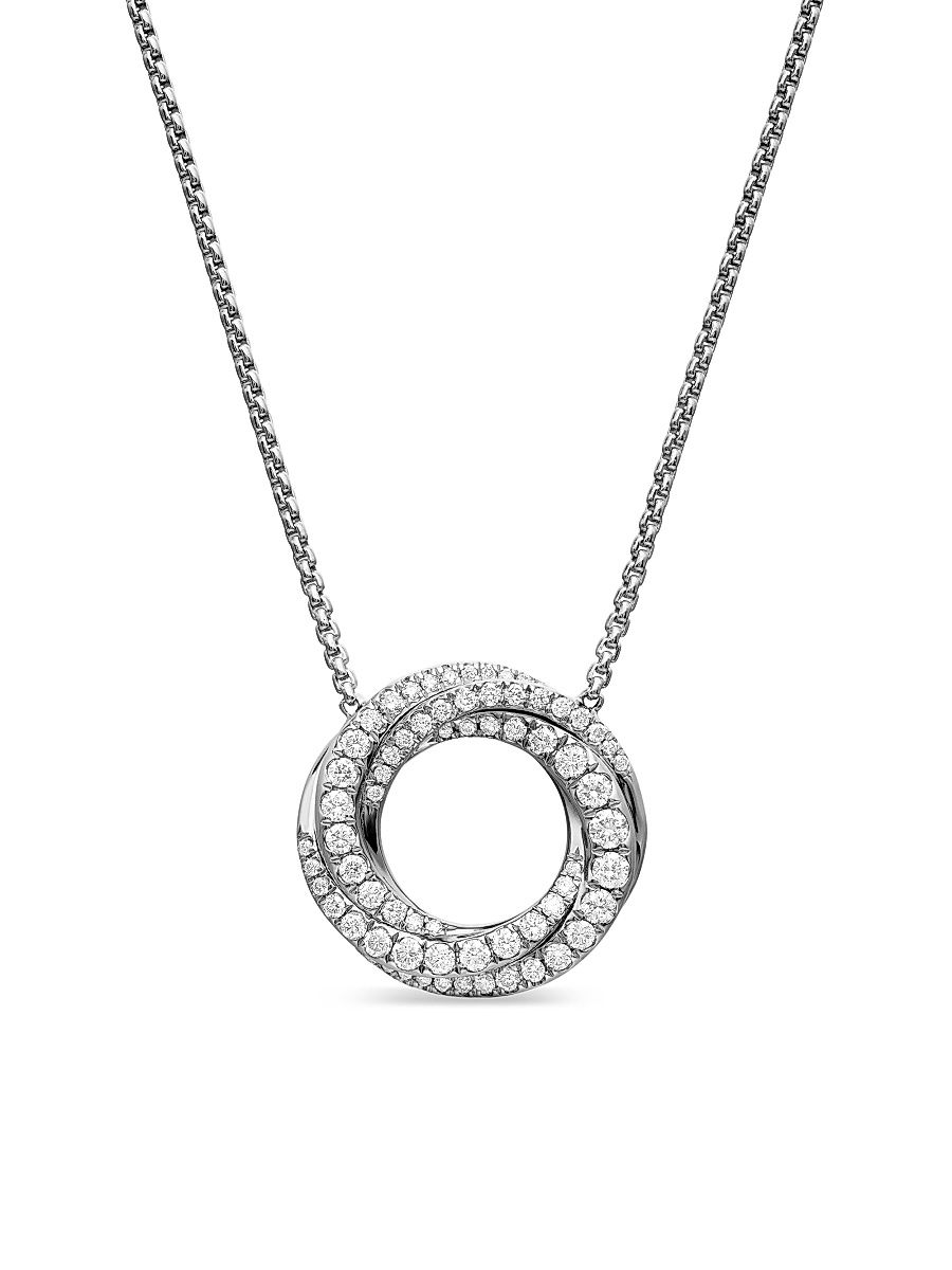 Women's Petite Pavé Crossover Pendant Necklace in 18K Gold with Diamonds, 15.5MM - White Gold - Size 17