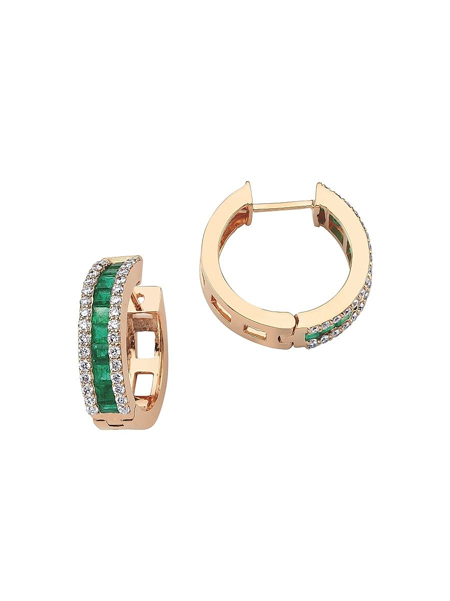 Women's Mondrian 18K Rose Gold, Emerald, & 0.7 TCW Diamond Hoop Earrings - Rose Gold