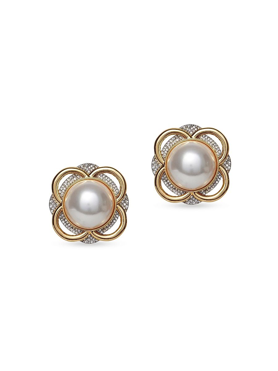 Women's Pinball Button 14K-Gold-Plated, Imitation Pearl & Crystal Stud Earrings - Pearl