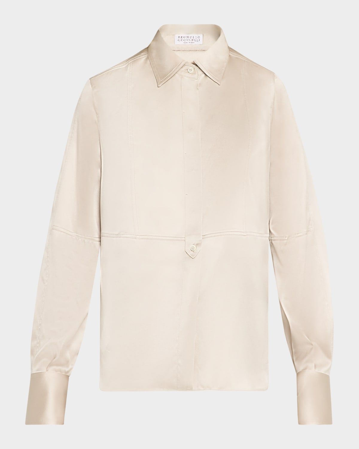 Bib-Front Long-Sleeve Silk Satin Stretch Blouse