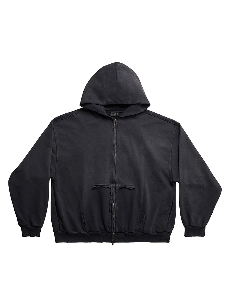 Men's Tape Type Ripped Pocket Zip-Up Hoodie - Black Faded - Size XL