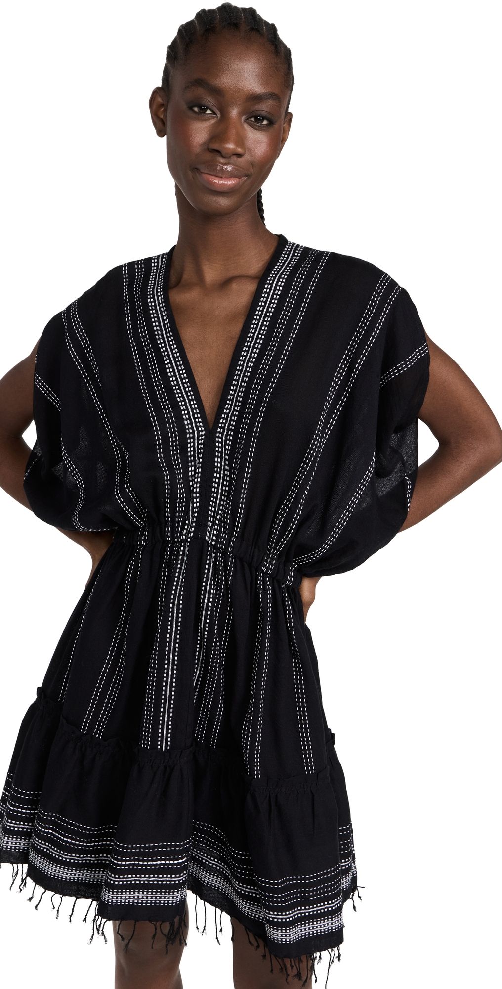 lemlem Leliti Short Plunge Neck Dress Black L