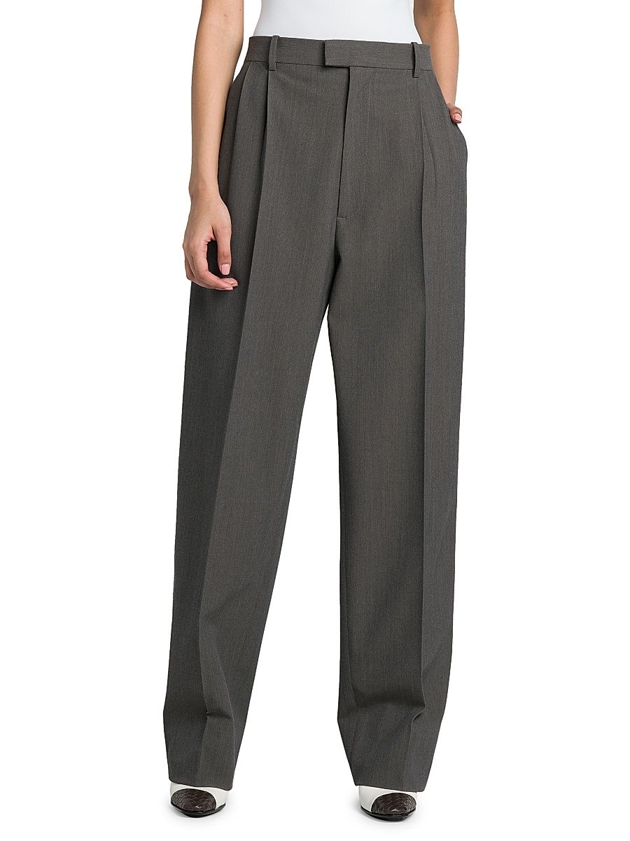 Women's Pleated Stretch Wool-Blend Trouser - Grey Melange - Size 8