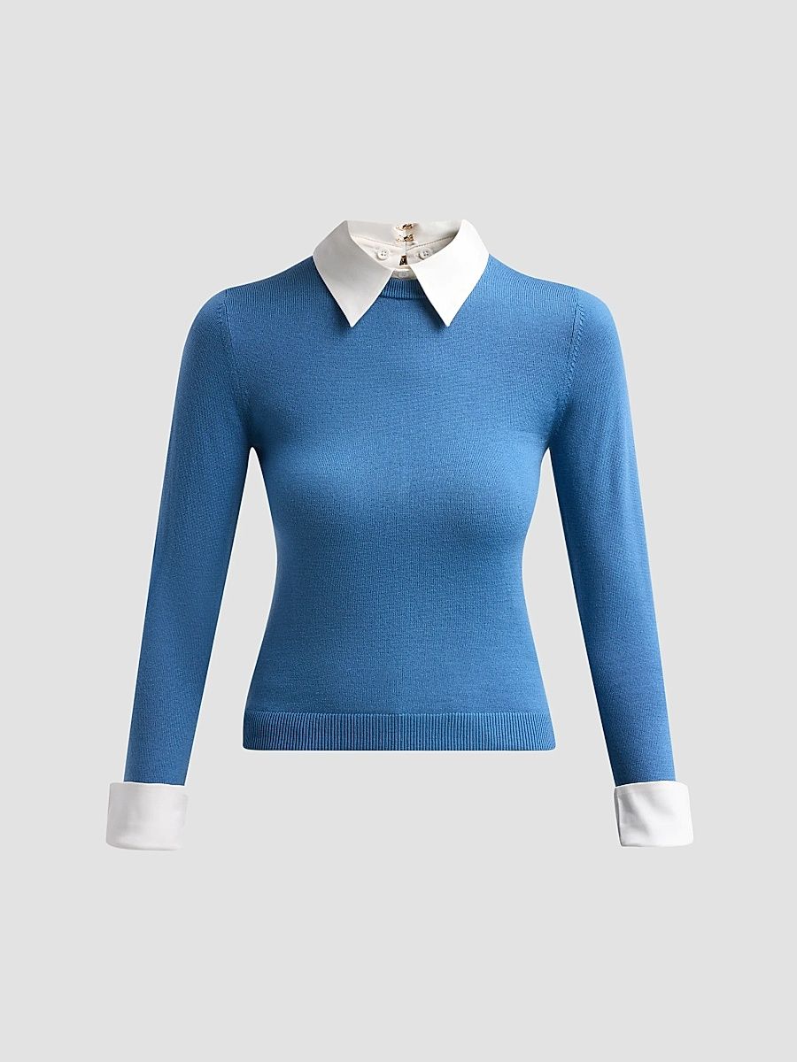 ALICE + OLIVIA Women's Porla Collared Wool Sweater - Faded Denim - Size XL