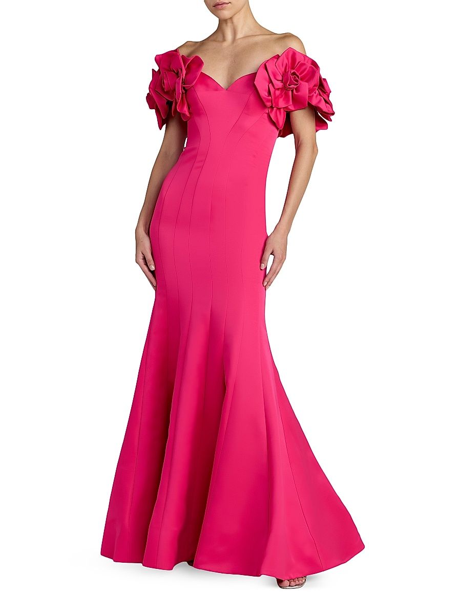 Women's Embellished Satin Off-Shoulder Trumpet Gown - Hot Pink - Size 16