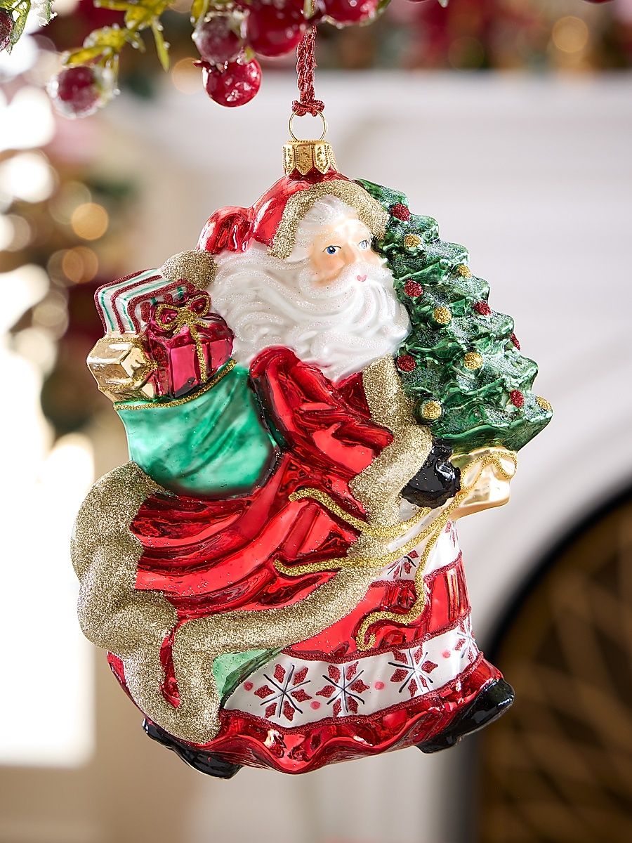 Running Santa With Christmas Tree Glass Ornament