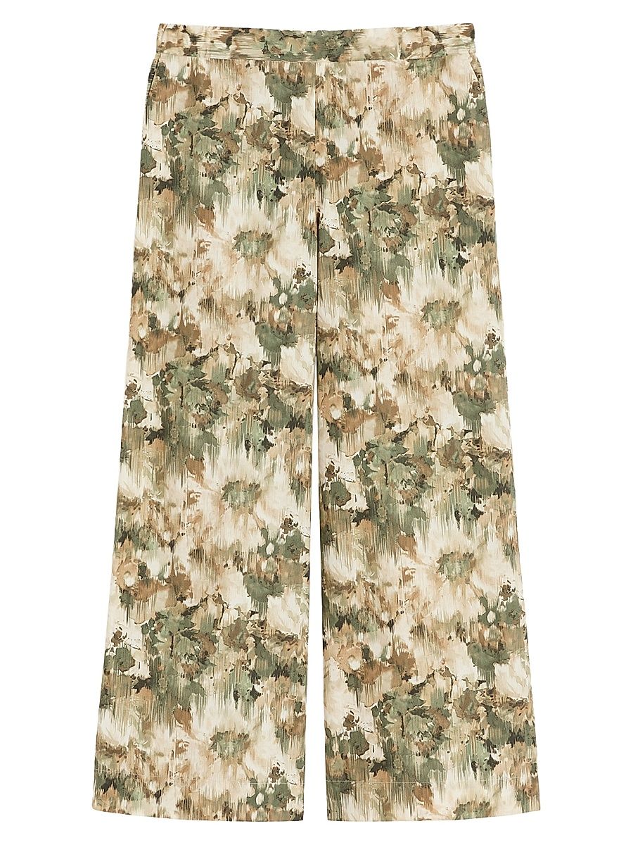 Women's Wide Fit Printed Cotton Trousers - Moss Green - Size 16