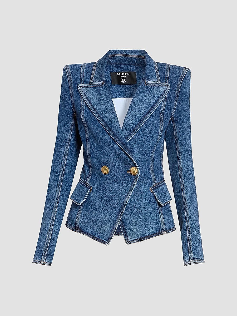 Balmain Women's Denim Double-Breasted Blazer - Bleu Jean Fonce - Size 12