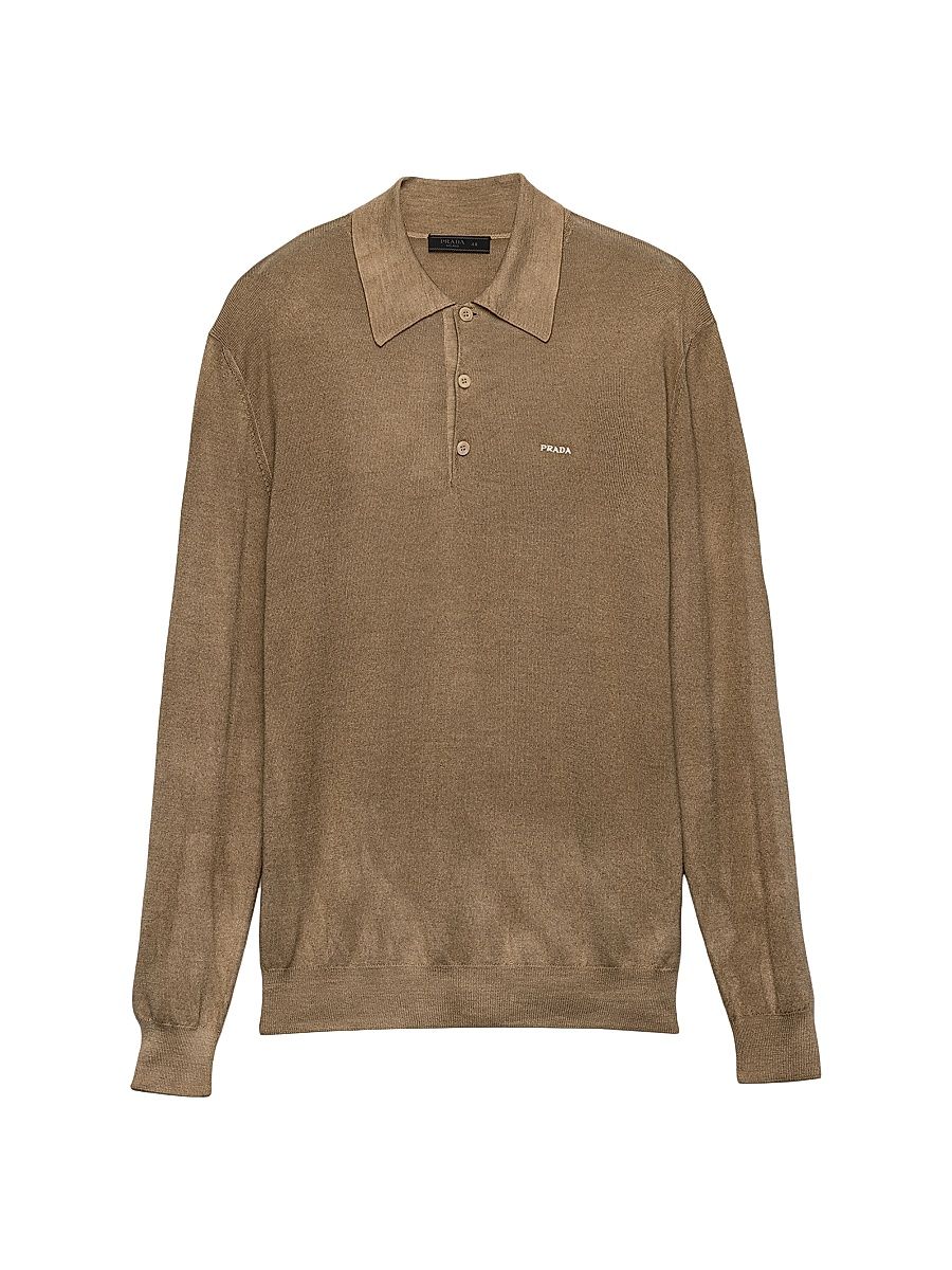 Men's Wool and Silk Polo Sweater - Brown - Size 42