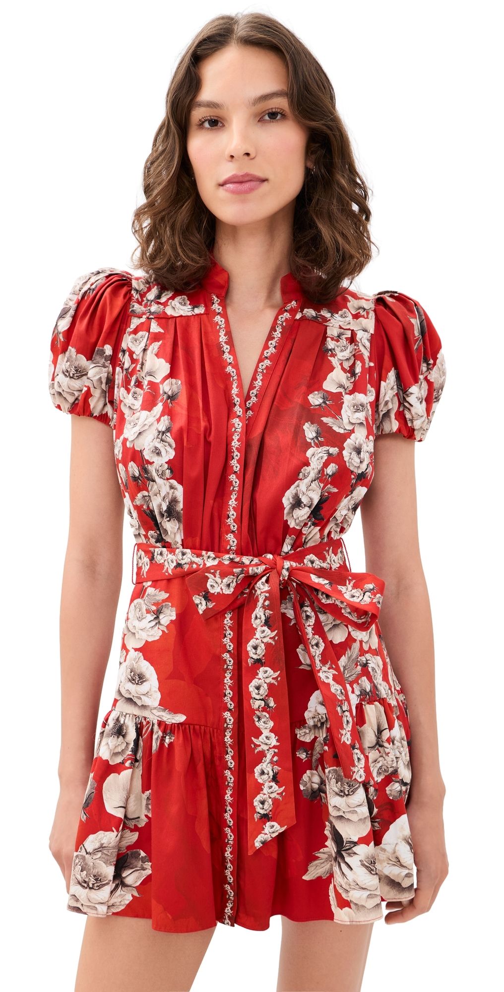 ALICE + OLIVIA Cora Tiered Mini Shirt Dress Rose Garden Lg Hibiscus XS