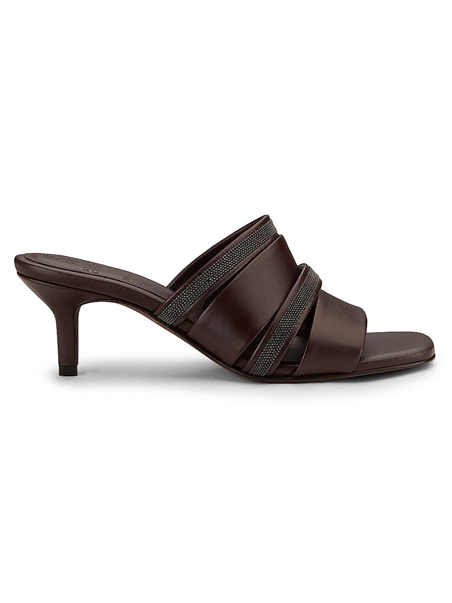 Women's Beaded Leather Mules - Dark Brown - Size 6