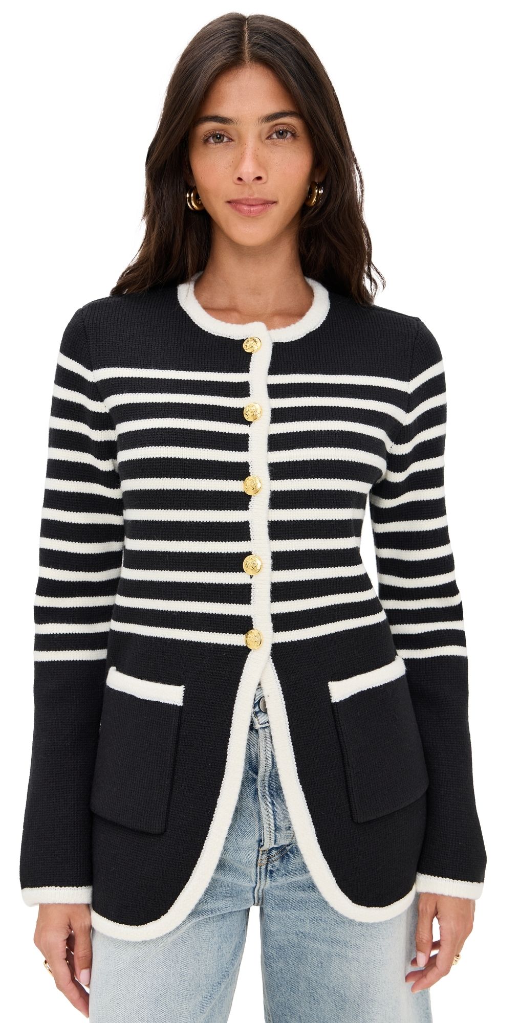 English Factory Knit Striped Sweater Cardigan Black/Cream XS