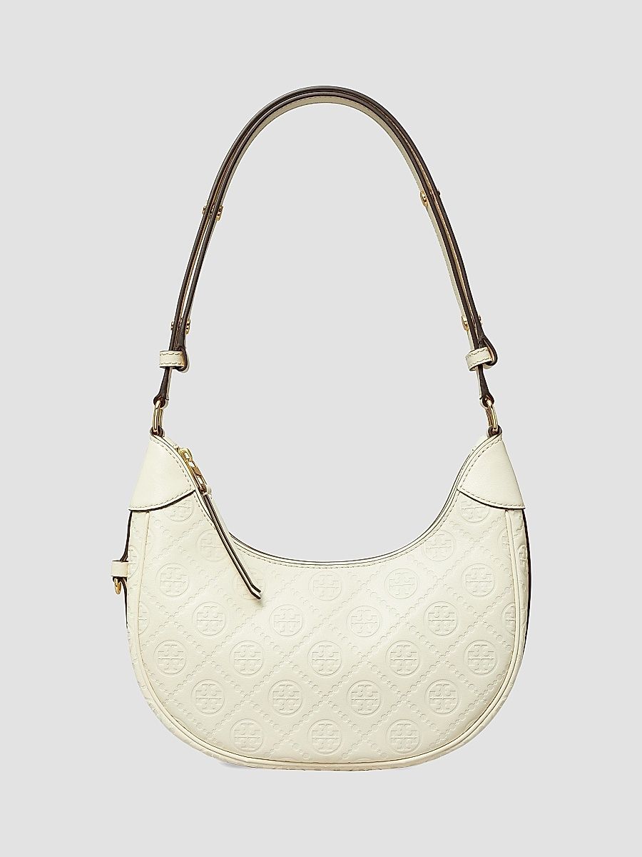 Tory Burch Women's T Monogram Debossed Leather Crescent Bag - Light Cream