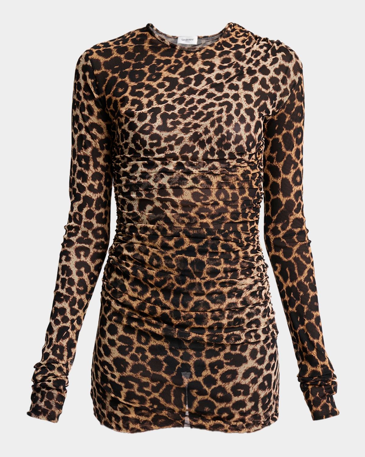 Leopard-Print Ruched Long-Sleeve Mini Dress