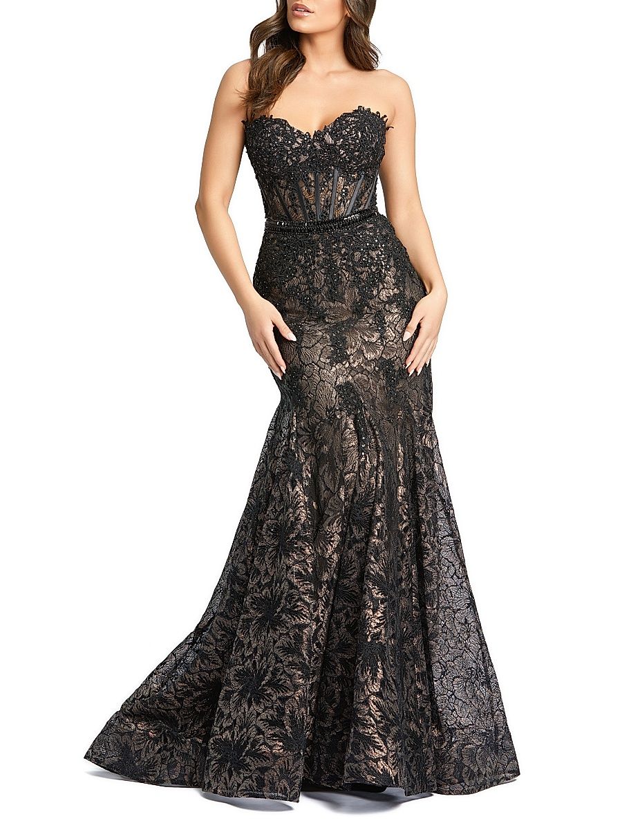 Women's Evening Sequined Lace Strapless Gown - Black Beige - Size 14