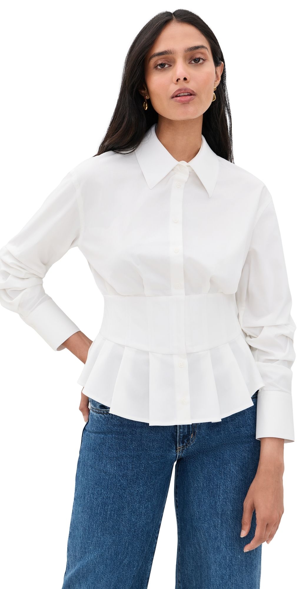 ALICE + OLIVIA Edie Gathered Corset Button Down Top Off White 2