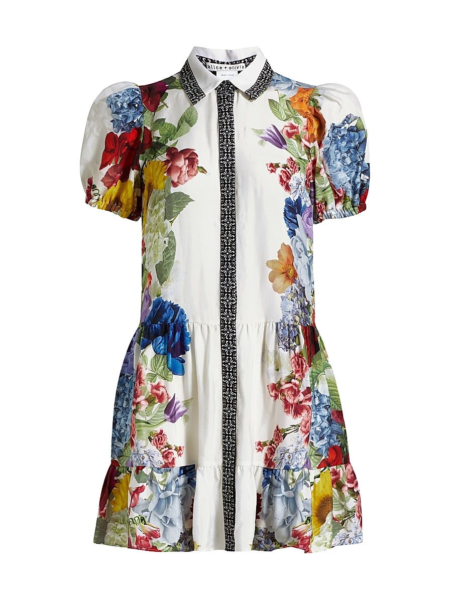 Women's Claire Floral Puff-Sleeve Mini Shirtdress - Garden Brunch Off White - Size Medium
