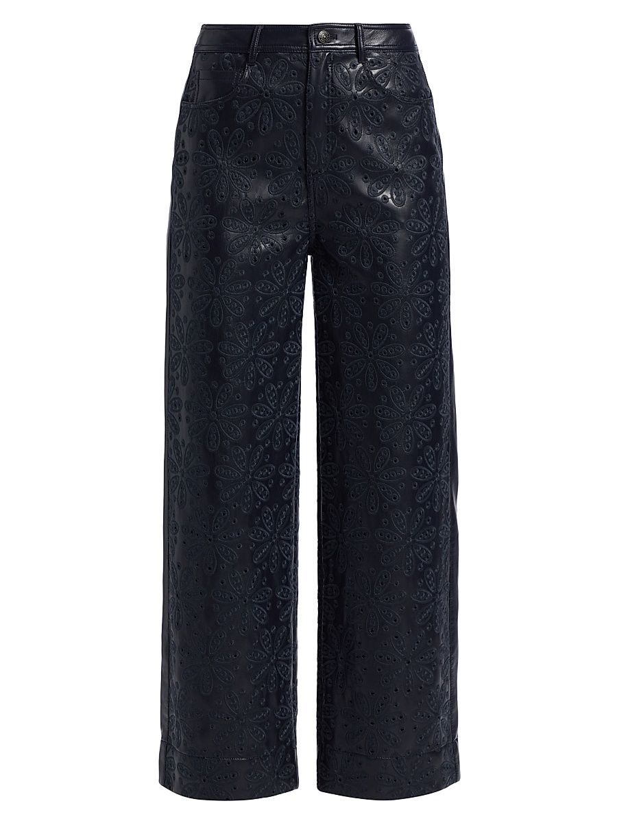 Women's Betsy Embroidered Faux Leather Wide-Leg Pants - Navy - Size 12