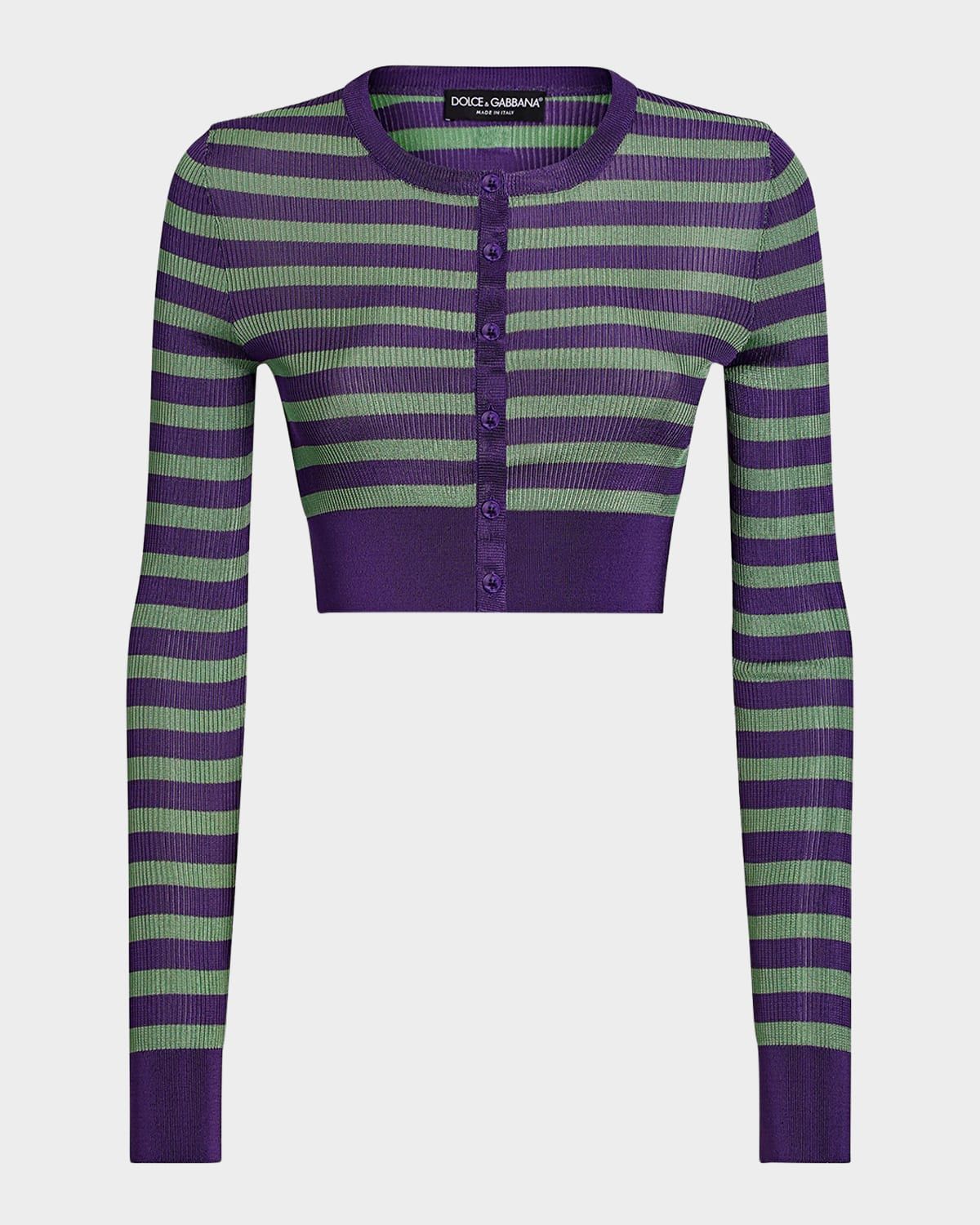 Striped Rib Crop Crewneck Cardigan