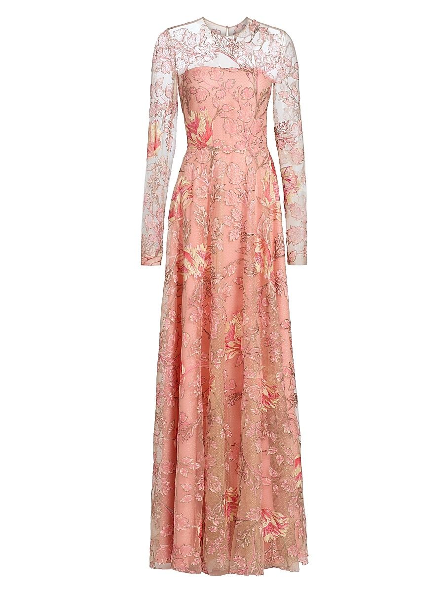 Women's Floral Illusion Neckline Long-Sleeve Gown - Pink Multi - Size 6