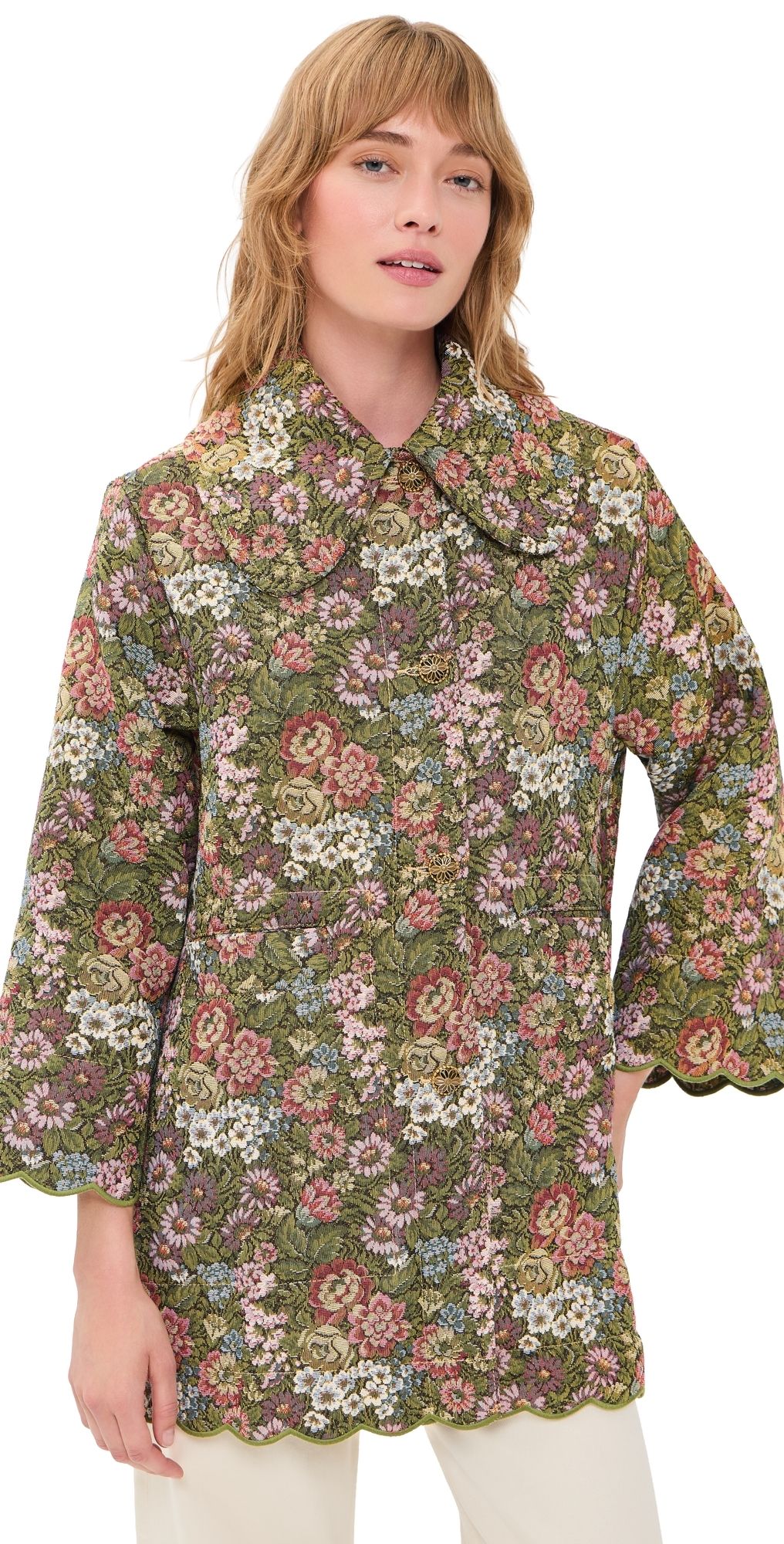 FARM Rio Flower Jacquard Trench Coat Green XS