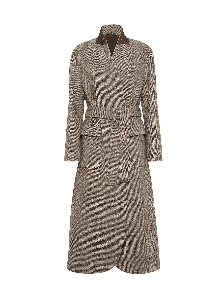 Women's Virgin Wool and Silk Mélange Diagonal Belted Coat - Brown - Size 12