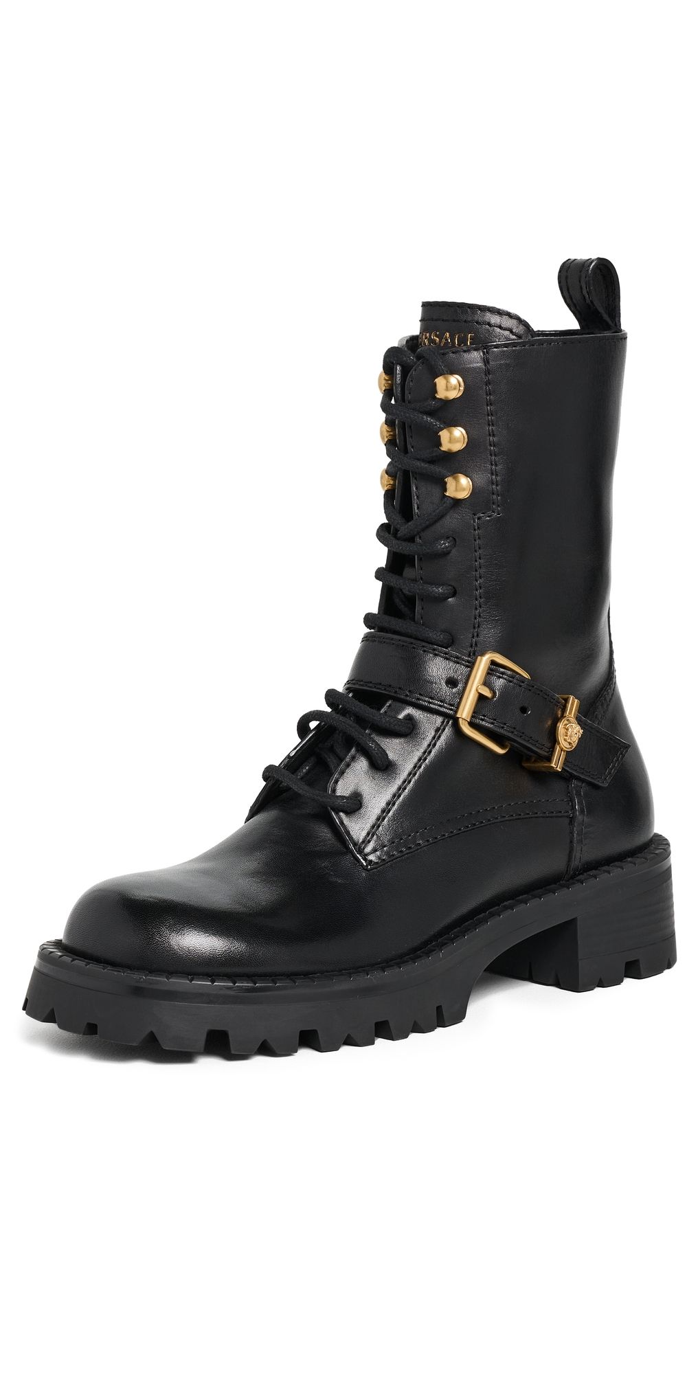 Versace Calf Leather Booties Black/Vibrated Gold 36