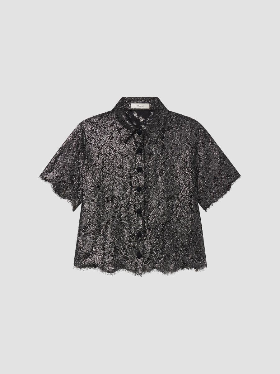 FRAME Women's The Foil Lace Crop Shirt - Gunmetal - Size XL