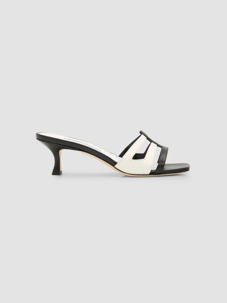 Manolo Blahnik Women's Silvemu 50MM Leather Mules - Black White - Size 8.5