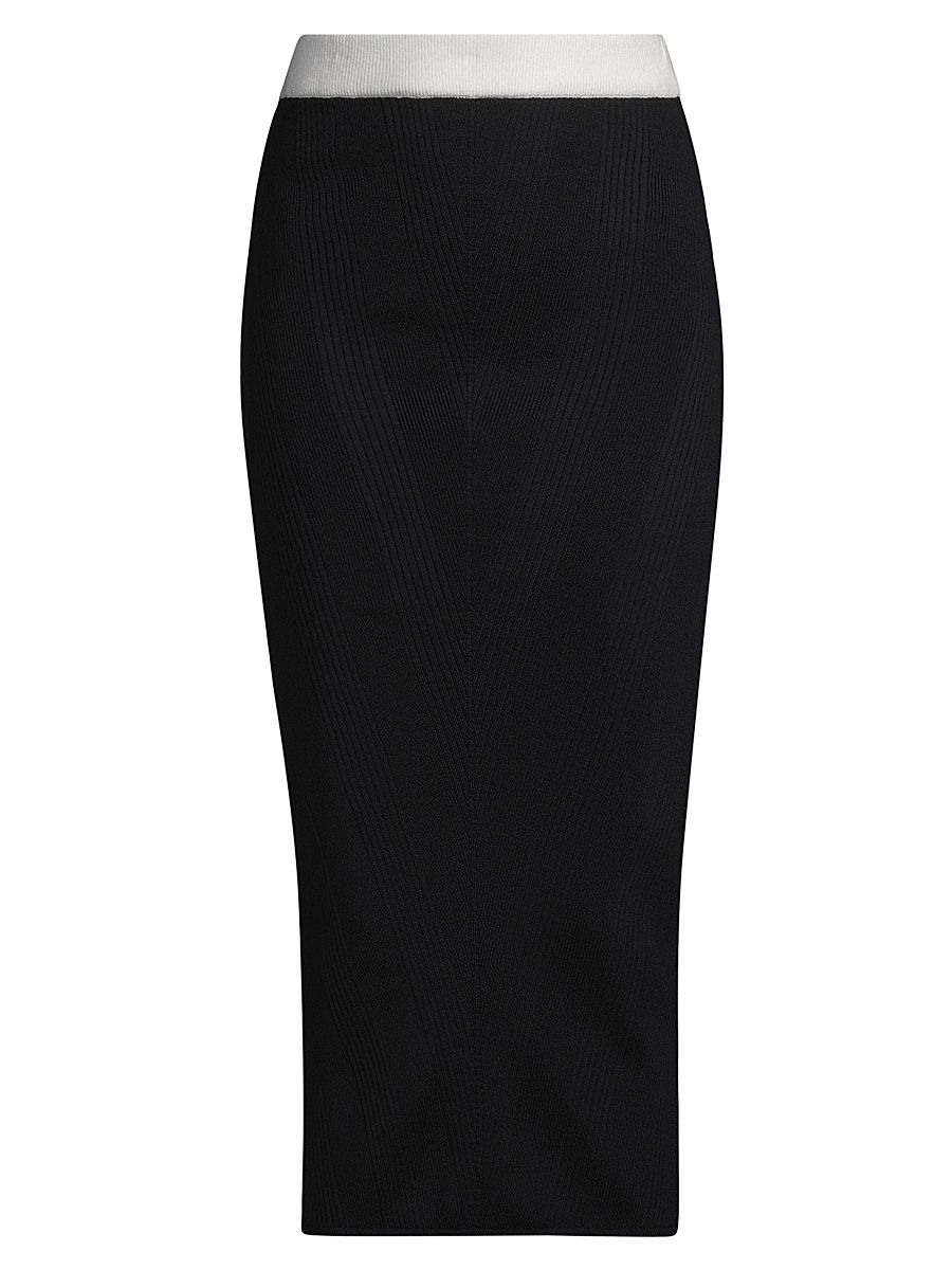Women's Rib-Knit Wool Midi-Skirt - Black White - Size Medium